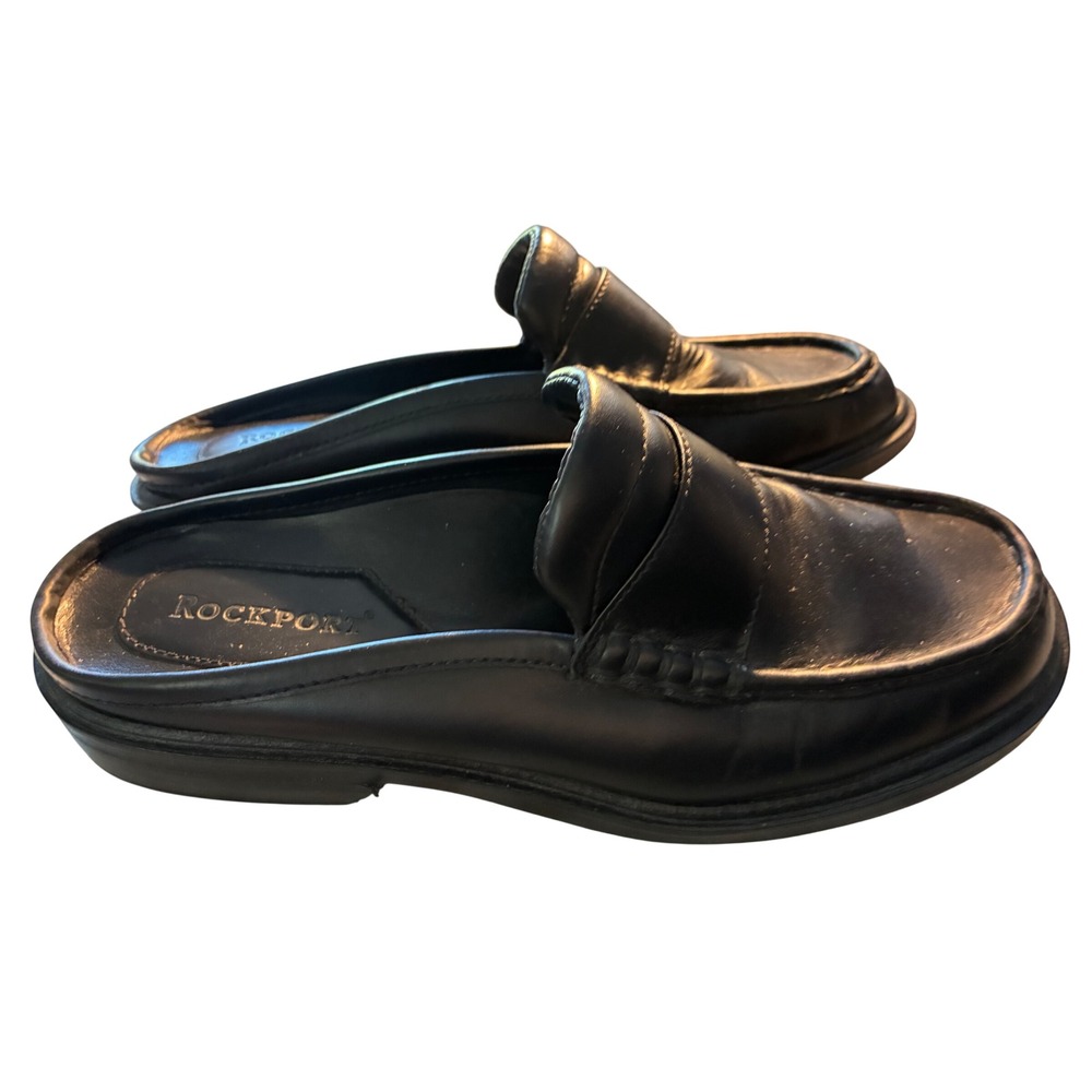 Rockport Loafer Mules Women 6 Black New Leather Slip On Slides W5738 - Picture 2 of 8